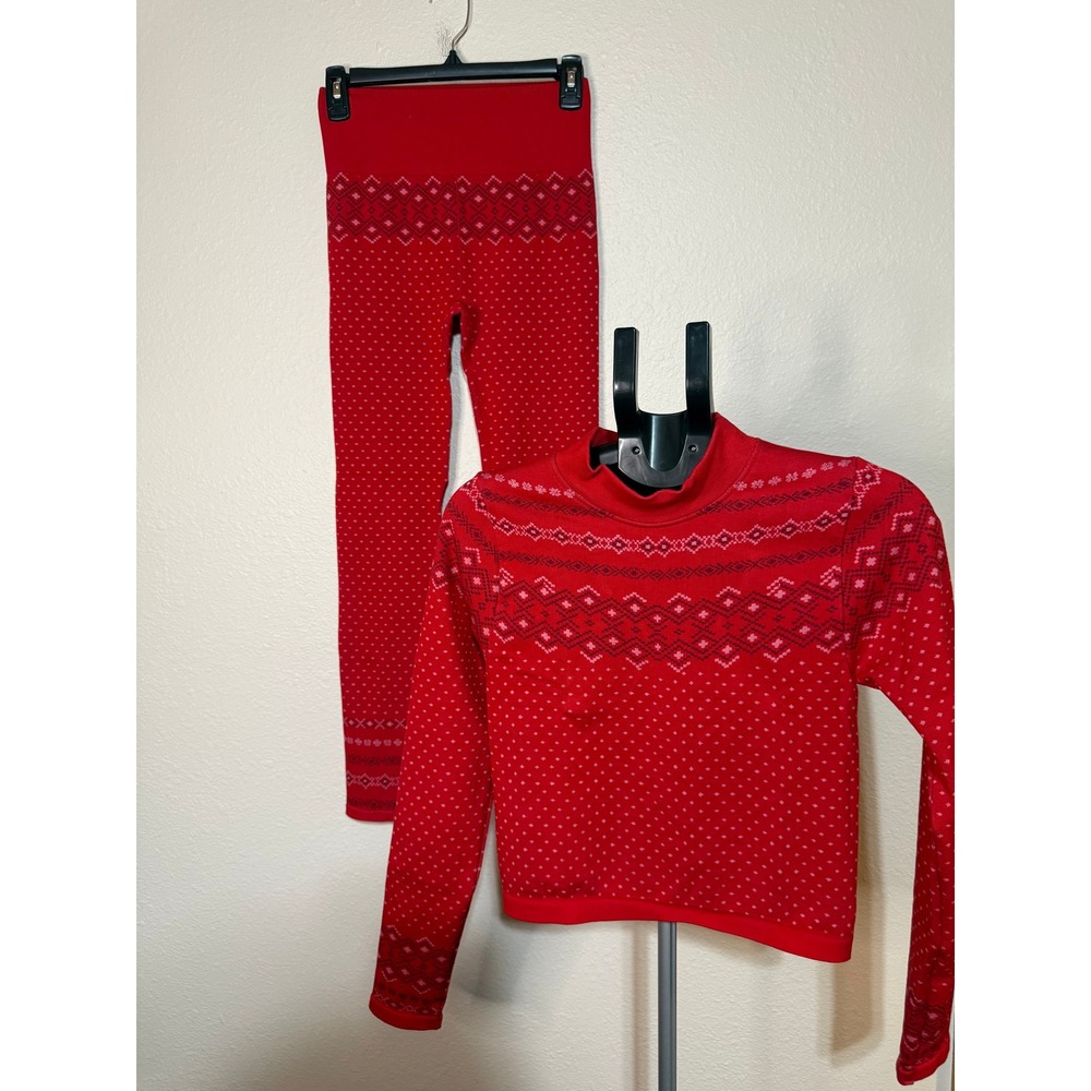 Fabletics Red Fair Isle Seamless Mock Neck Top & Leggings Set LS2357342 L/M